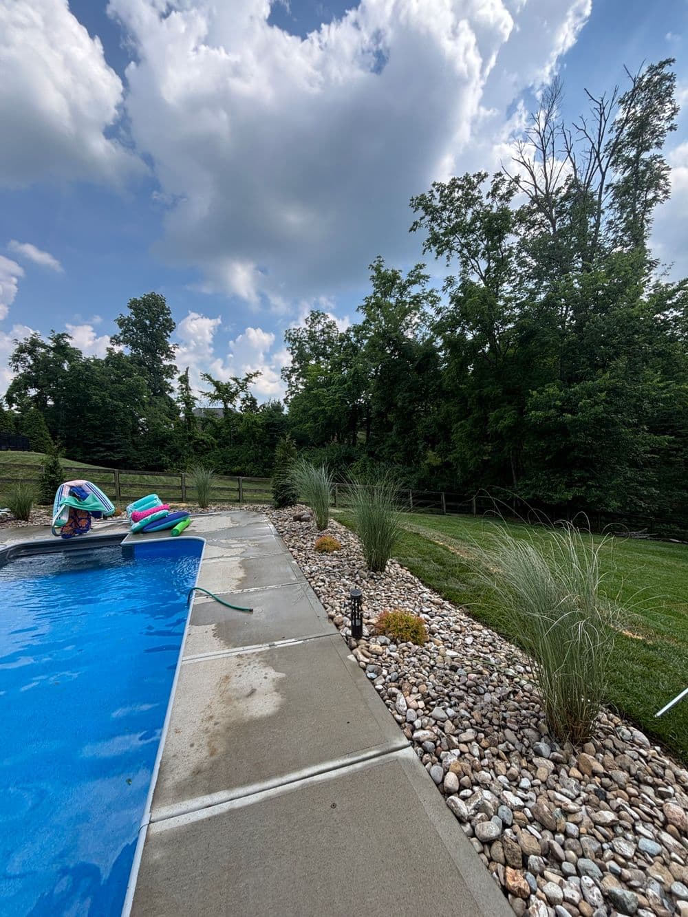 In-ground swimming pool with colorful floats, landscaped yard and greenery under a blue sky.